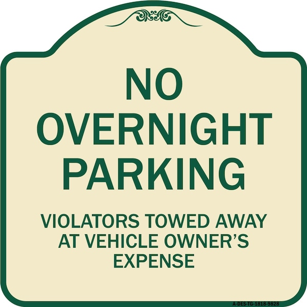 Signmission Designer Series-No Overnight Parking, Tan & Green Heavy-Gauge Aluminum, 18" x 18", TG-1818-9828 A-DES-TG-1818-9828 - main
